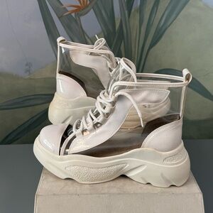 Women's white Lace-Up Clear Panel Platform boots, size 9.5